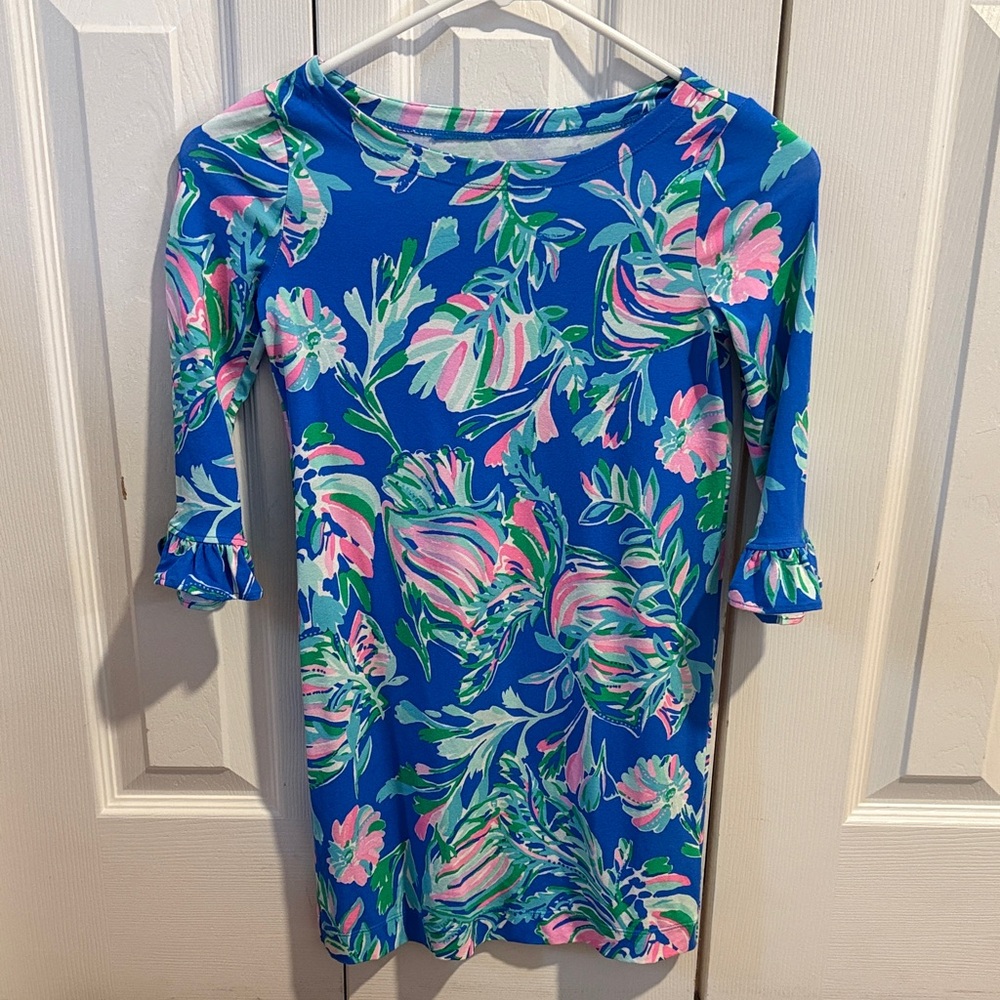 Lilly Pulitzer Blue Floral Print Girls' Casual Dress with Pink & Green Accents